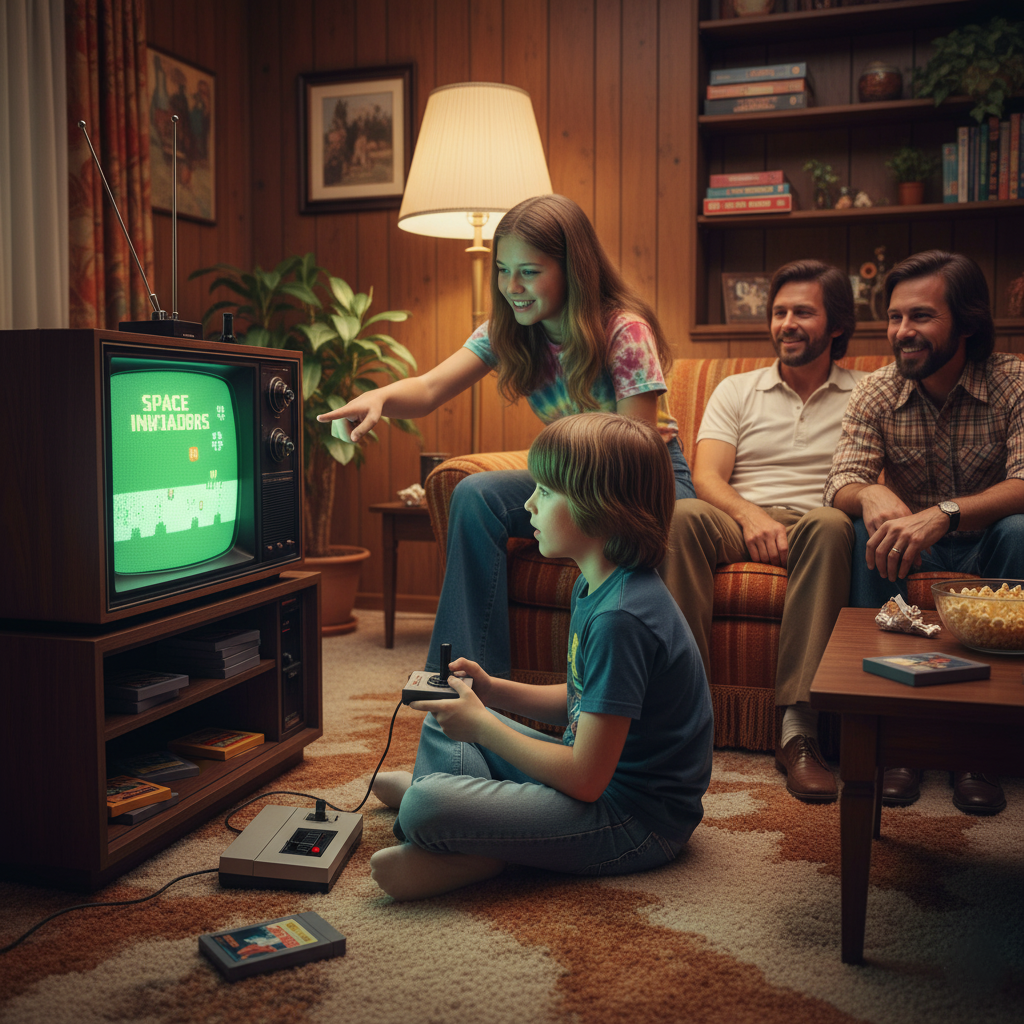Eine Familie sitzt in einem Wohnzimmer im Stil der 70er oder 80er Jahre und spielt ein Videospiel.
